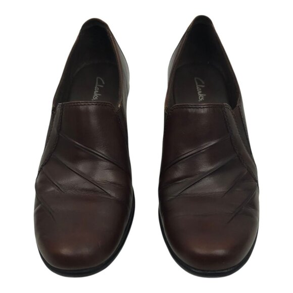 Clarks Partridge Block Heel Shoes Womens Size 9 Comfort Brown Leather Slip On - Picture 7 of 16